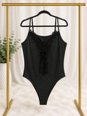 Black Lace Trim Lace-Up Bodysuit | Adjustable Straps | Size 3XL